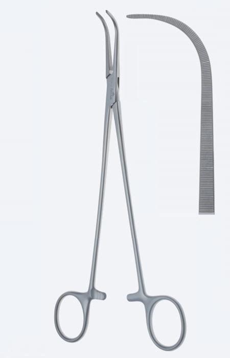 Зажими дисекційні та лігатурні, Overholt, Slim Line, вигнуті, зубчасті щелепи, з кремальєрою, довжина 300 мм. Бренд - Asanus Medizintechnik Gmb, Німеччина